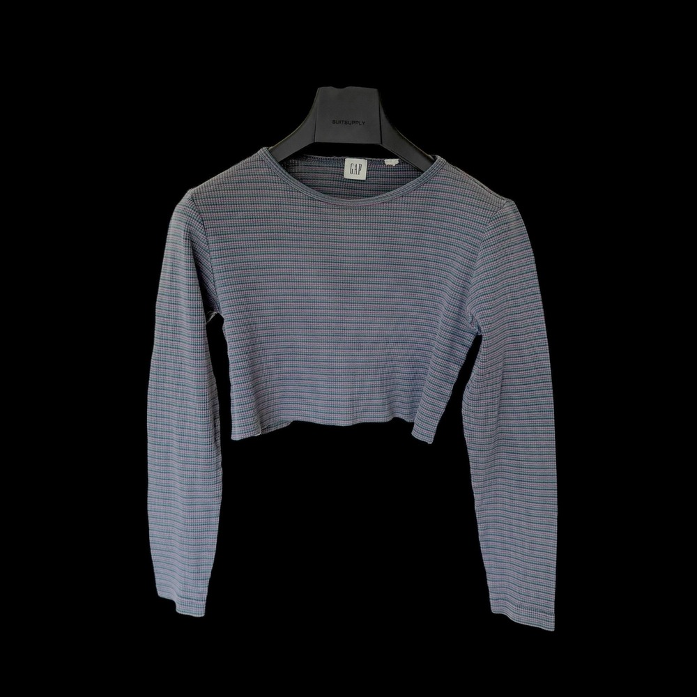 Y2K Gap Striped Waffle Knit Long Sleeve Crop Top Crew Neck Multi-Color